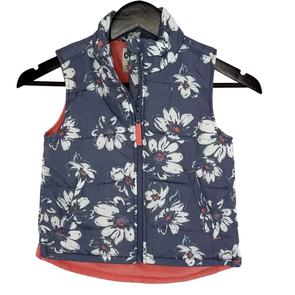 OshKosh Floral Puffer Vest Girls 6 6X Blue Coral Lightweight Layer